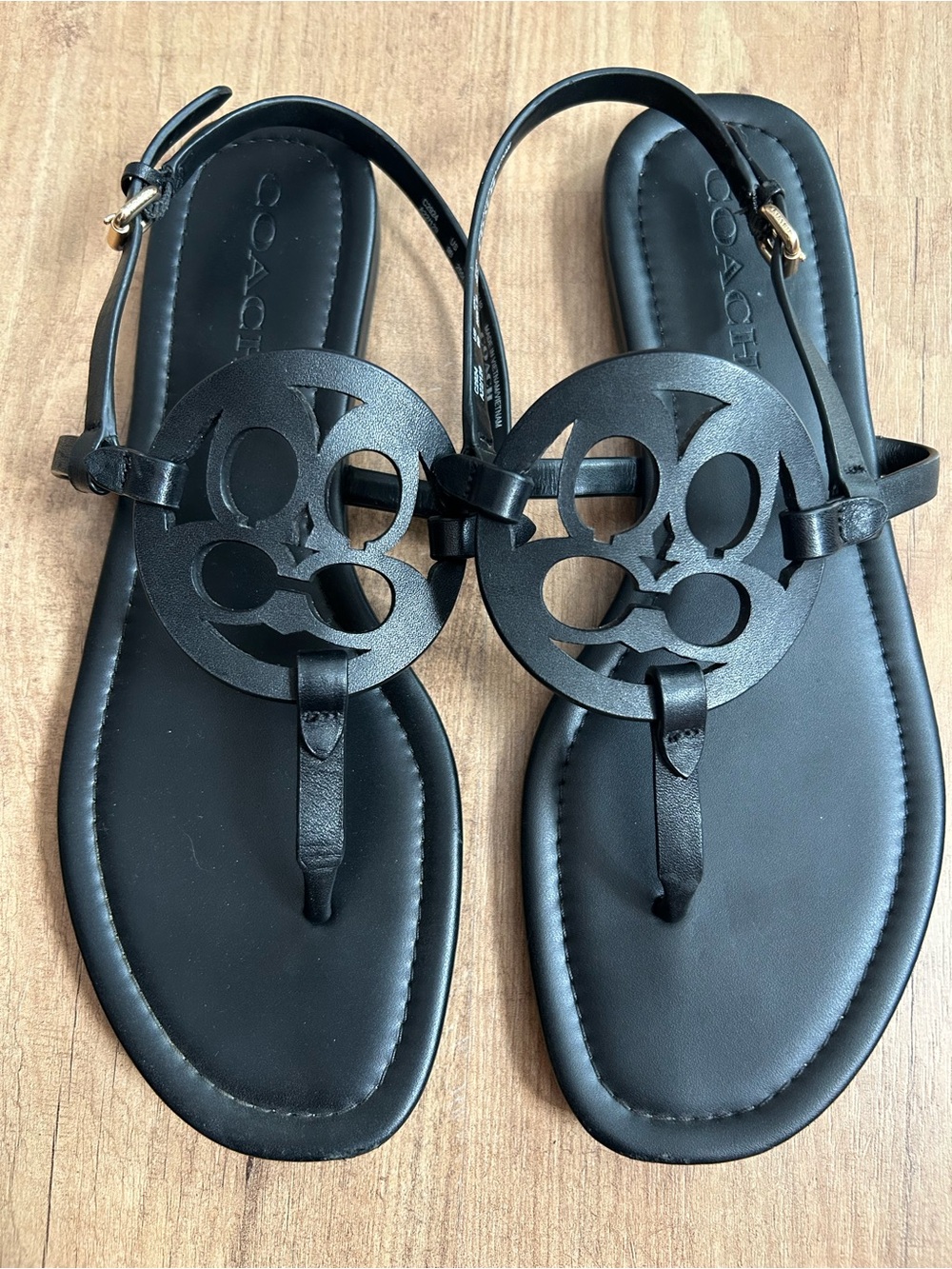 COACH Black Leather Logo Circle Thong Sandals